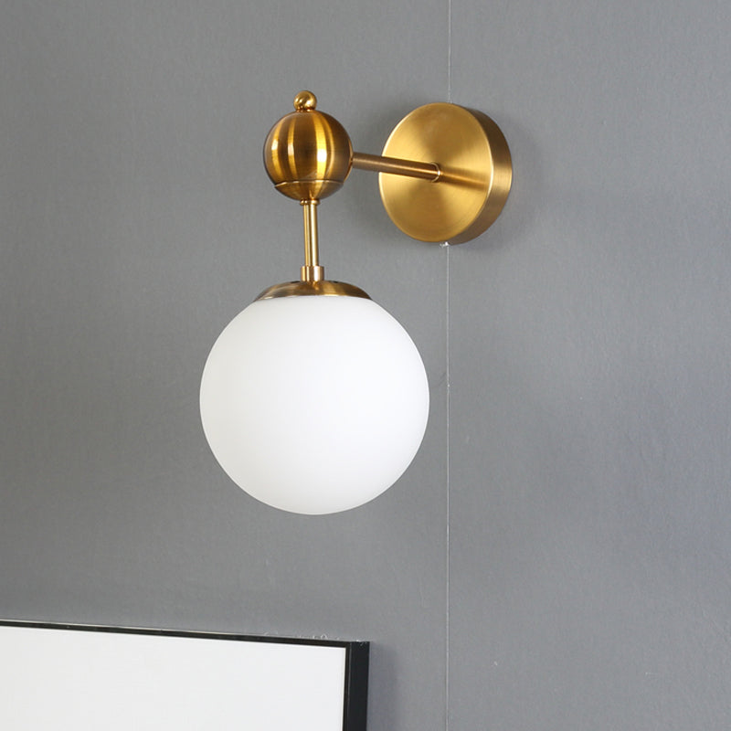 Modern Brass Wall Sconce Lamp With Adjustable Node - White Glass Globe Design