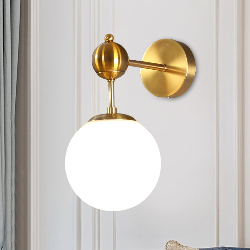 Modern Brass Wall Sconce Lamp With Adjustable Node - White Glass Globe Design