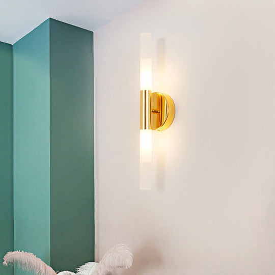 Minimalist Brass Led Wall Sconce With White Glass Tubular Design