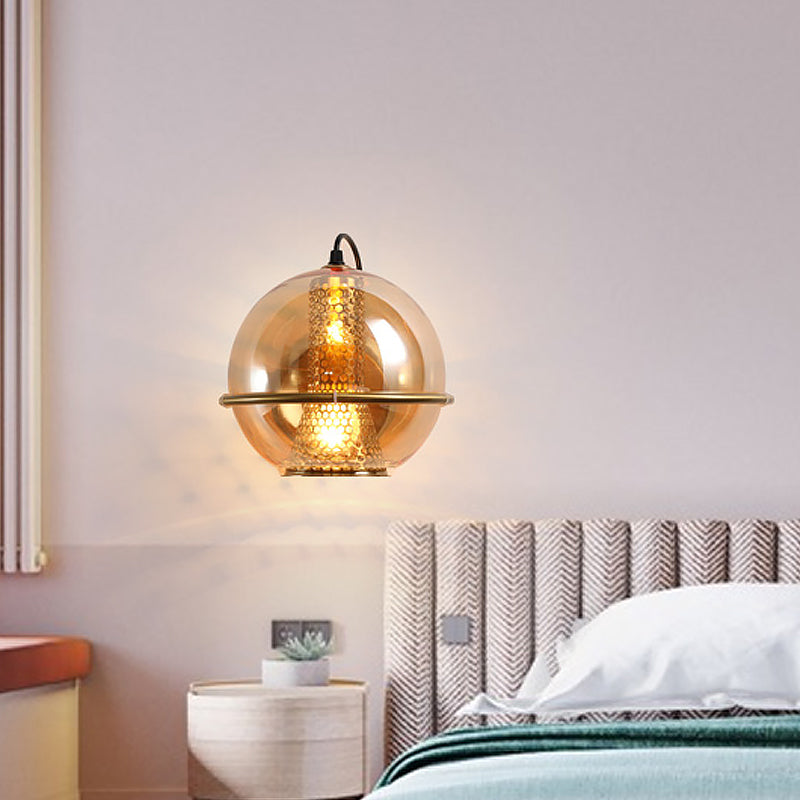 Modern Brass Sphere Wall Sconce With Cognac Glass - Bedside Light Fixture