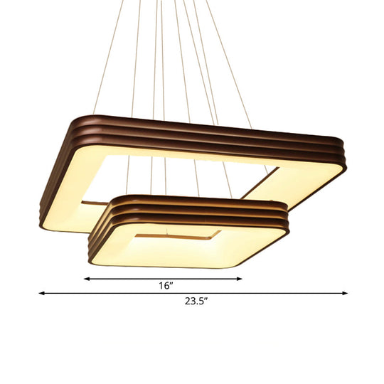 Lustre LED carré moderne en métal à 2 niveaux en marron pour plafond de salon - Lumière blanche/chaude/naturelle