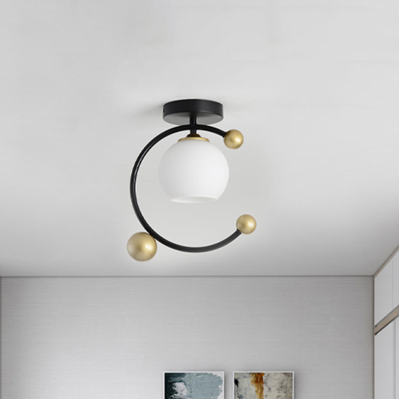 White Glass Semi Flush Mount with Black Iron Ring, Modernist 1 Light Fixture, 10"/12" Wide