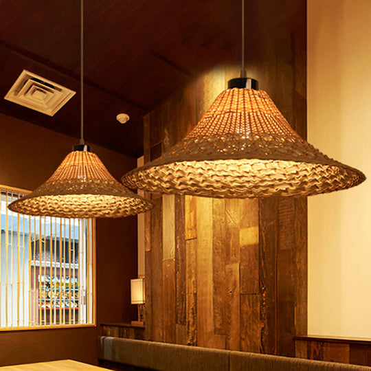 Asian Style Yellow Bamboo Pendant Lamp For Restaurants - 1 Light Rattan Ceiling Fixture