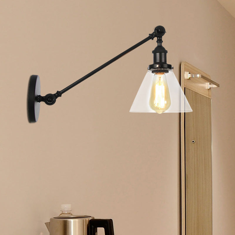 Modern Industrial Conical Sconce Light Clear Glass Lighting Fixture In Black/Bronze/Brass 8/12 L Arm