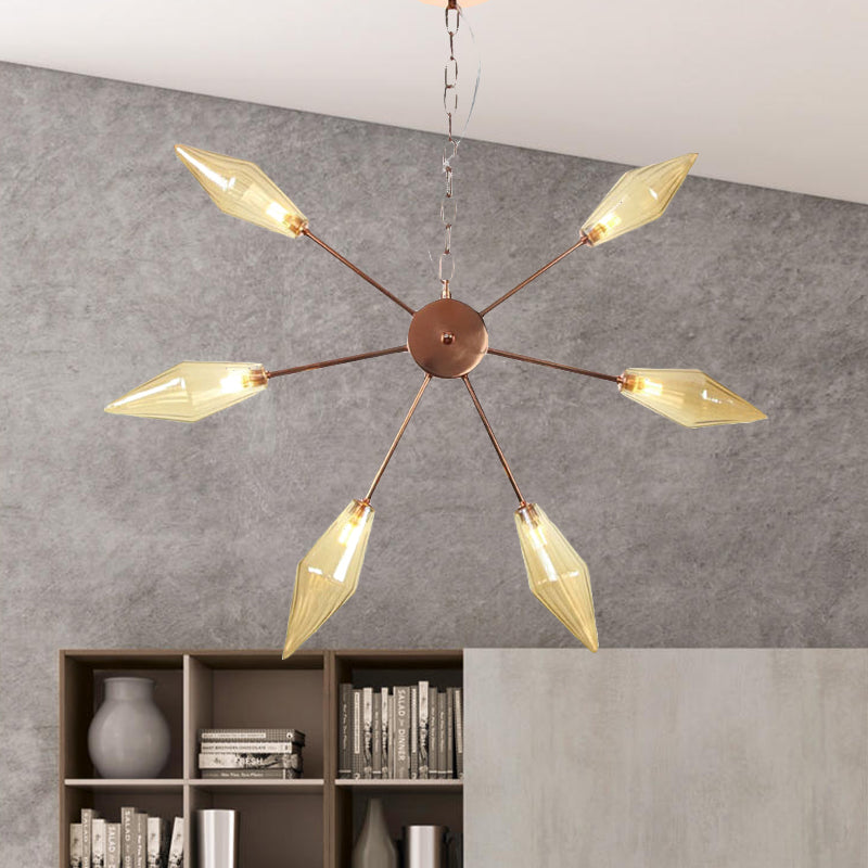 Modern Industrial Sputnik Chandelier with Amber/Clear Glass - 6/9/12 Lights - Black/Copper/Chrome Finishes