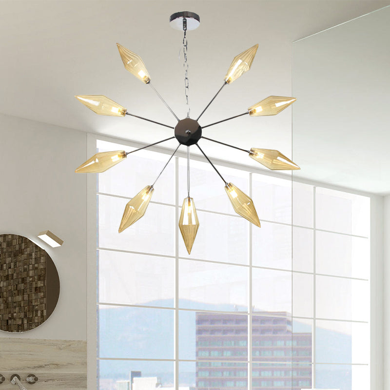 Modern Industrial Sputnik Chandelier with Amber/Clear Glass - 6/9/12 Lights - Black/Copper/Chrome Finishes