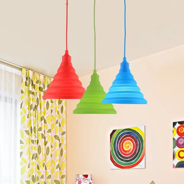 Kids Colorful Hanging Pendant Light For Game Room - Single Head Metal Conical Design