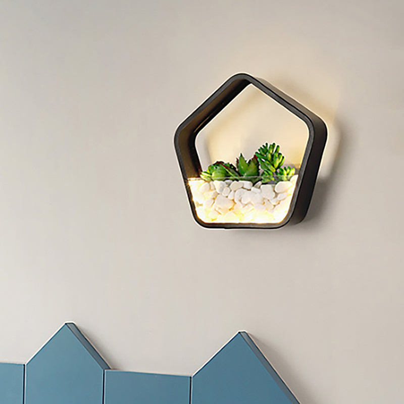 Modern Black Metal Stone Sconce Light With Fake Succulent For Bedroom