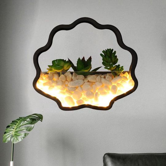 Modern Black Metal Stone Sconce Light With Fake Succulent For Bedroom