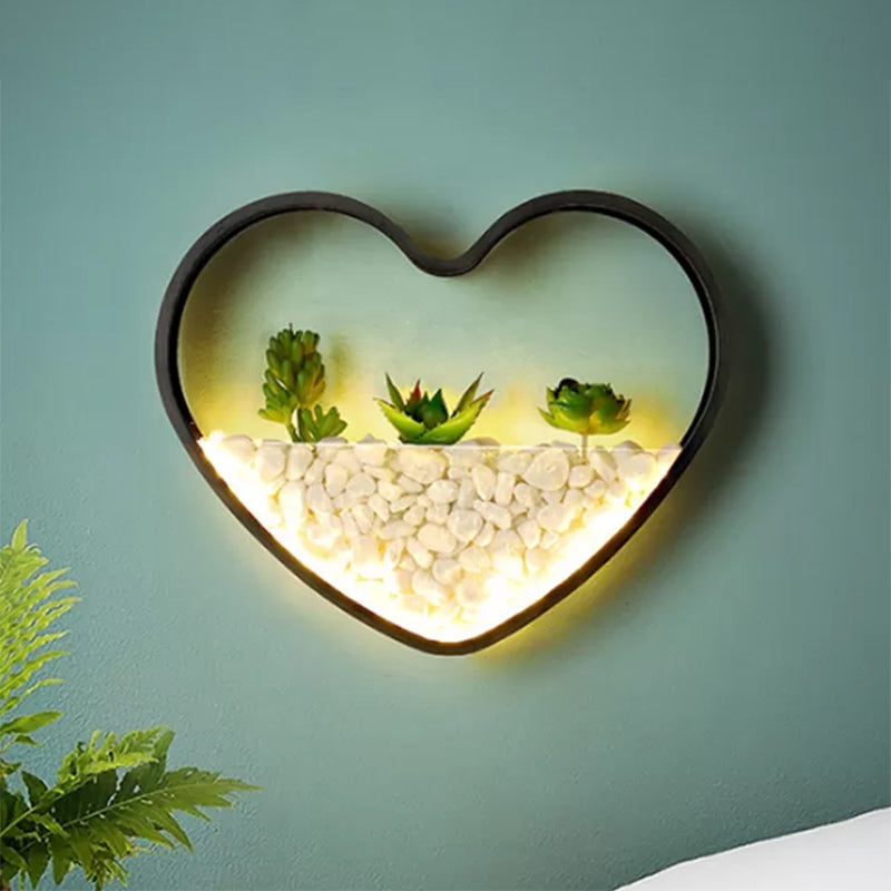 Modern Black Metal Stone Sconce Light With Fake Succulent For Bedroom