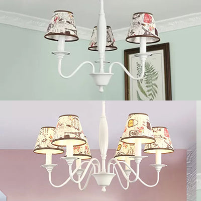 Modern Hanging Light Chandelier For Study Room - Metal Frame With White Fabric Shade