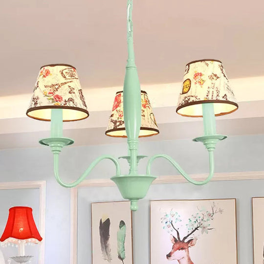 Macaron Green Nursing Room Hanging Light - Metal Chandelier With Tower Flower Design