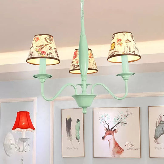 Macaron Green Nursing Room Hanging Light - Metal Chandelier With Tower Flower Design