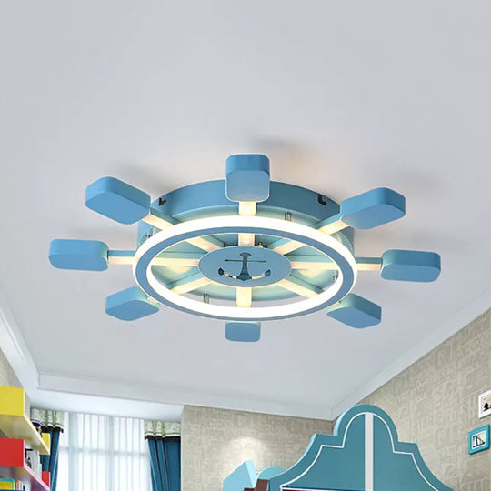 Blue Nautical Rudder Led Ceiling Light With Anchor Metal Lamp - Perfect For Kids Bedrooms