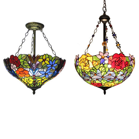 Tiffany Style Rustic Glass Pendant Light with Multi-Colored Flower Pattern for Dining Room Ceiling