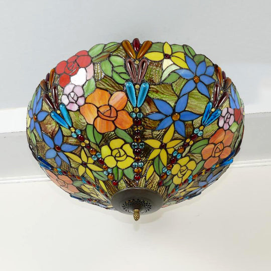 Tiffany Style Rustic Glass Pendant Light with Multi-Colored Flower Pattern for Dining Room Ceiling