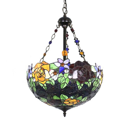 Tiffany Style Rustic Glass Pendant Light with Multi-Colored Flower Pattern for Dining Room Ceiling