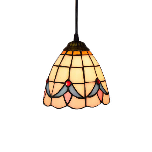 Tiffany-Style Beige Stained Glass Ceiling Lamp: 1-Head Pendant Light Kit (6"/8" Wide Flare)