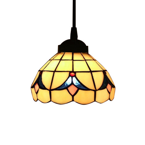 Tiffany-Style Beige Stained Glass Ceiling Lamp: 1-Head Pendant Light Kit (6"/8" Wide Flare)