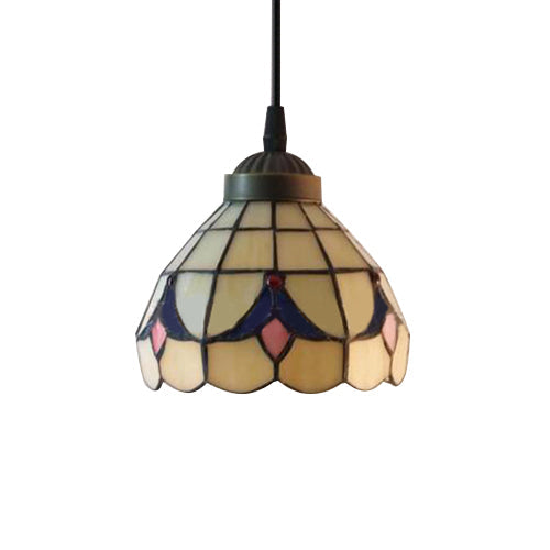 Tiffany-Style Beige Stained Glass Ceiling Lamp: 1-Head Pendant Light Kit (6"/8" Wide Flare)