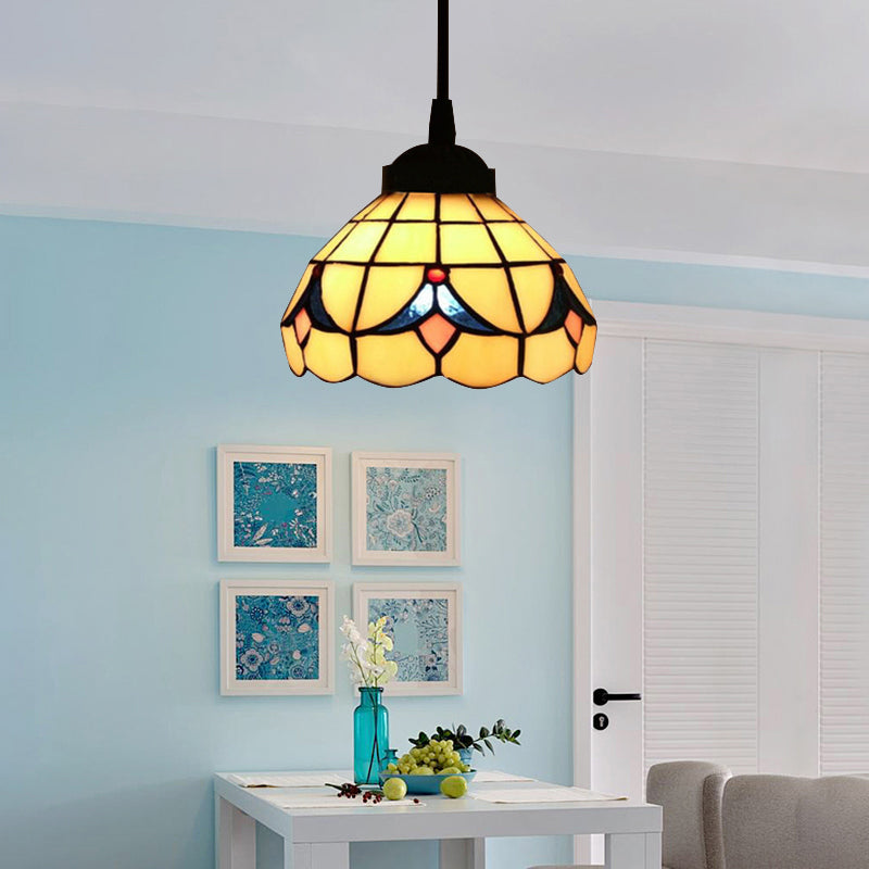 Tiffany-Style Beige Stained Glass Ceiling Lamp: 1-Head Pendant Light Kit (6"/8" Wide Flare)