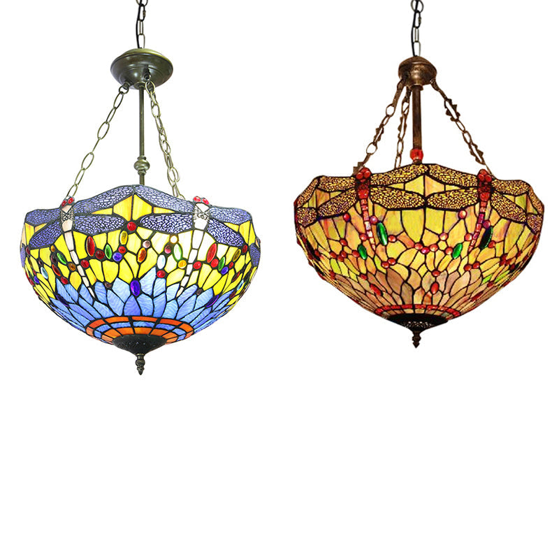 Yellow/Blue Tiffany Style Grid Dome Chandelier for Rustic Living Rooms