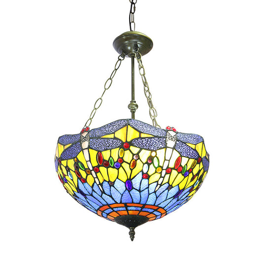 Yellow/Blue Tiffany Style Grid Dome Chandelier for Rustic Living Rooms