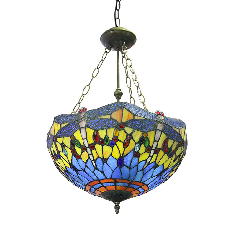 Yellow/Blue Tiffany Style Grid Dome Chandelier for Rustic Living Rooms