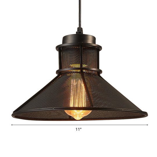 Industrial Mesh Cage Pendant Light with Cone Shade - Rust/Black Finish - Ideal for Restaurants - Single Bulb Ceiling Lamp