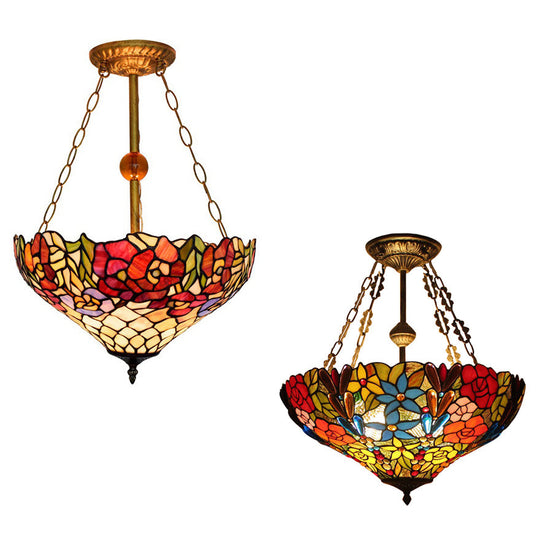 Tiffany Floral Ceiling Light with Stained Glass in Rustic Style for Cafe