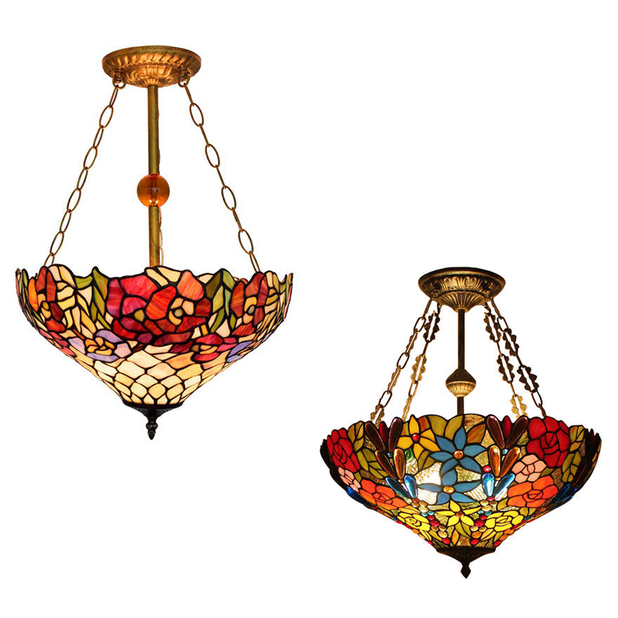 Tiffany Floral Ceiling Light With Stained Glass In Rustic Style For Cafe