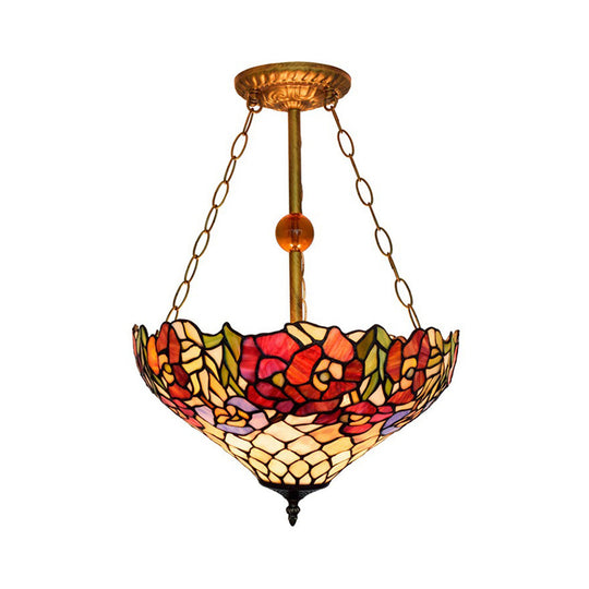 Tiffany Floral Ceiling Light with Stained Glass in Rustic Style for Cafe