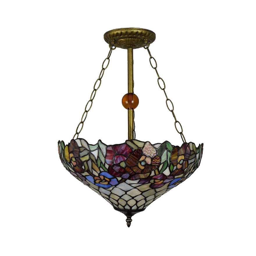 Tiffany Floral Ceiling Light with Stained Glass in Rustic Style for Cafe