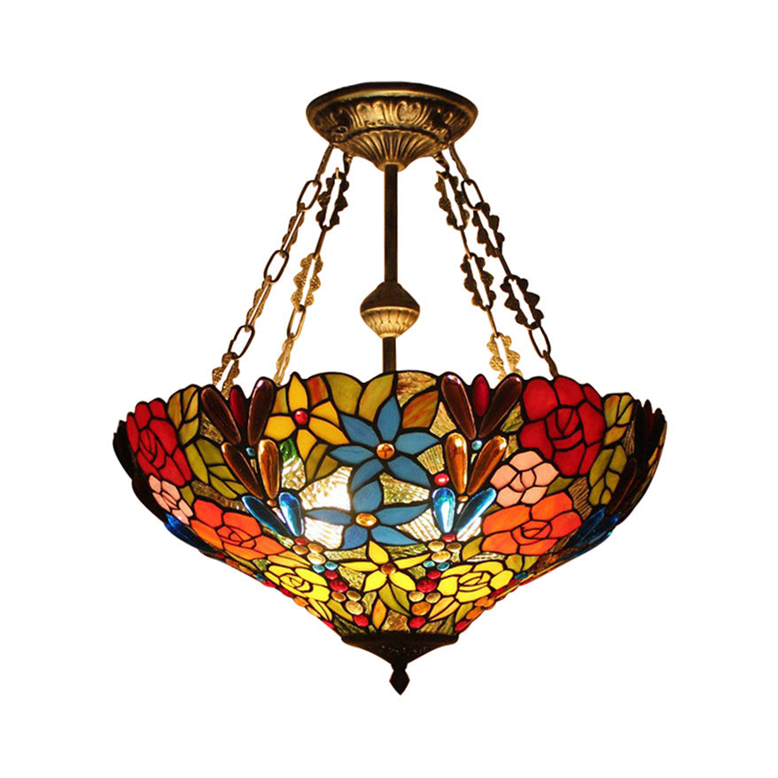 Tiffany Floral Ceiling Light with Stained Glass in Rustic Style for Cafe