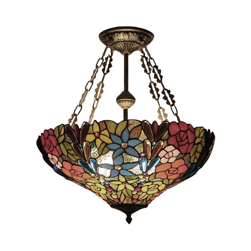 Tiffany Floral Ceiling Light with Stained Glass in Rustic Style for Cafe