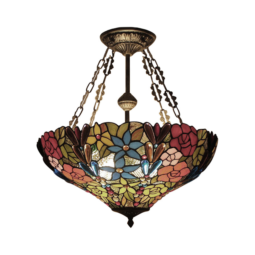 Tiffany Floral Ceiling Light with Stained Glass in Rustic Style for Cafe