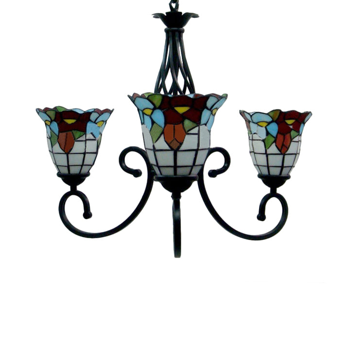 Tiffany Style Stained Glass Bell Pendant Chandelier - Retro Loft Ceiling Light With Flower Design