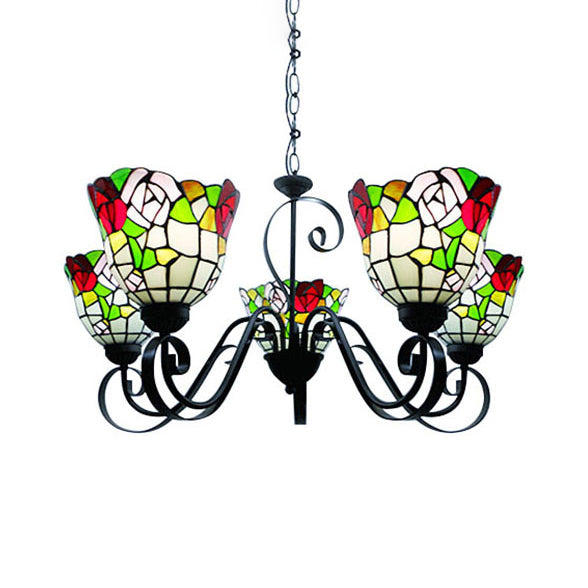 Tiffany Style Stained Glass Bell Pendant Chandelier - Retro Loft Ceiling Light With Flower Design