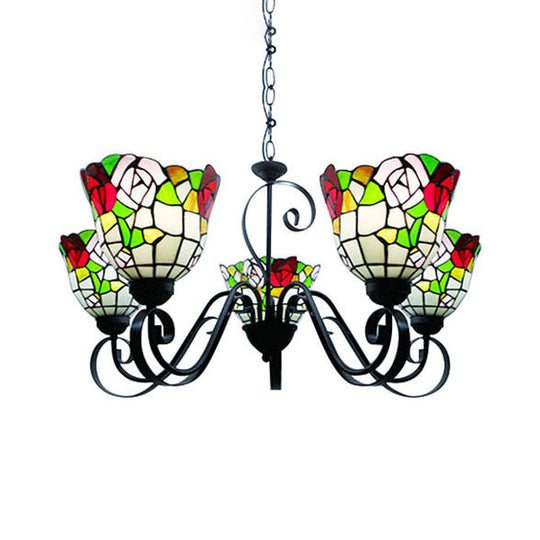 Tiffany Style Stained Glass Bell Pendant Chandelier - Retro Loft Ceiling Light With Flower Design