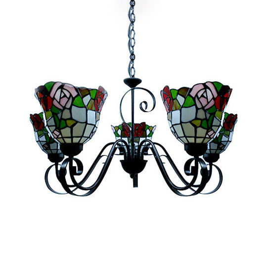 Tiffany Style Stained Glass Bell Pendant Chandelier - Retro Loft Ceiling Light With Flower Design