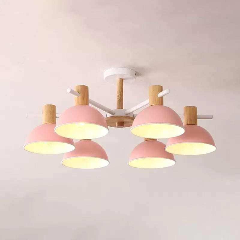 Nordic Stylish Chandelier With Domed Metal Shade - 6 Heads Office Hanging Lamp Pink