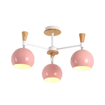 Macaron Colored Orb Chandelier - Nordic Metal & Wood Pendant (3 Heads) For Restaurants Pink