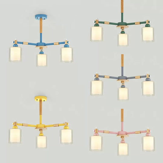 Nordic Style Wood & Glass Cylinder Chandelier With 3 Heads - Ideal Hanging Light For Hallway Or Kids