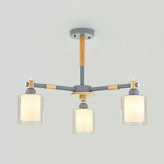 Nordic Style Wood & Glass Cylinder Chandelier With 3 Heads - Ideal Hanging Light For Hallway Or Kids