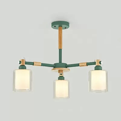 Nordic Style Wood & Glass Cylinder Chandelier With 3 Heads - Ideal Hanging Light For Hallway Or Kids