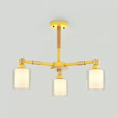 Nordic Style Wood & Glass Cylinder Chandelier With 3 Heads - Ideal Hanging Light For Hallway Or Kids