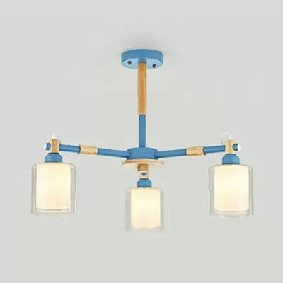 Nordic Style Wood & Glass Cylinder Chandelier With 3 Heads - Ideal Hanging Light For Hallway Or Kids