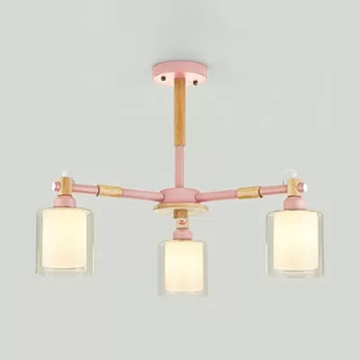 Nordic Style Wood & Glass Cylinder Chandelier With 3 Heads - Ideal Hanging Light For Hallway Or Kids