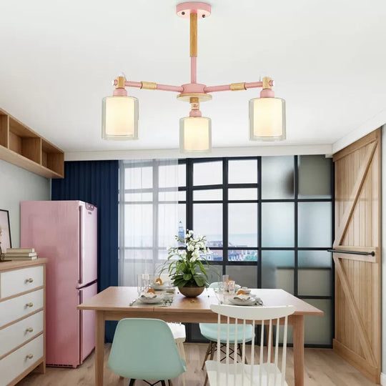 Nordic Style Wood & Glass Cylinder Chandelier With 3 Heads - Ideal Hanging Light For Hallway Or Kids