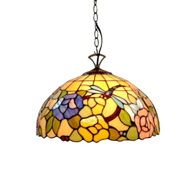 Multi-Color Tiffany Pendant Light with Floral Dragonfly Design for Kitchen - 12"/16" Domed Glass Shade